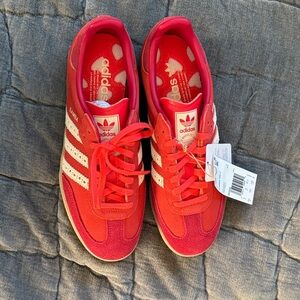 Adidas red sambas with hearts